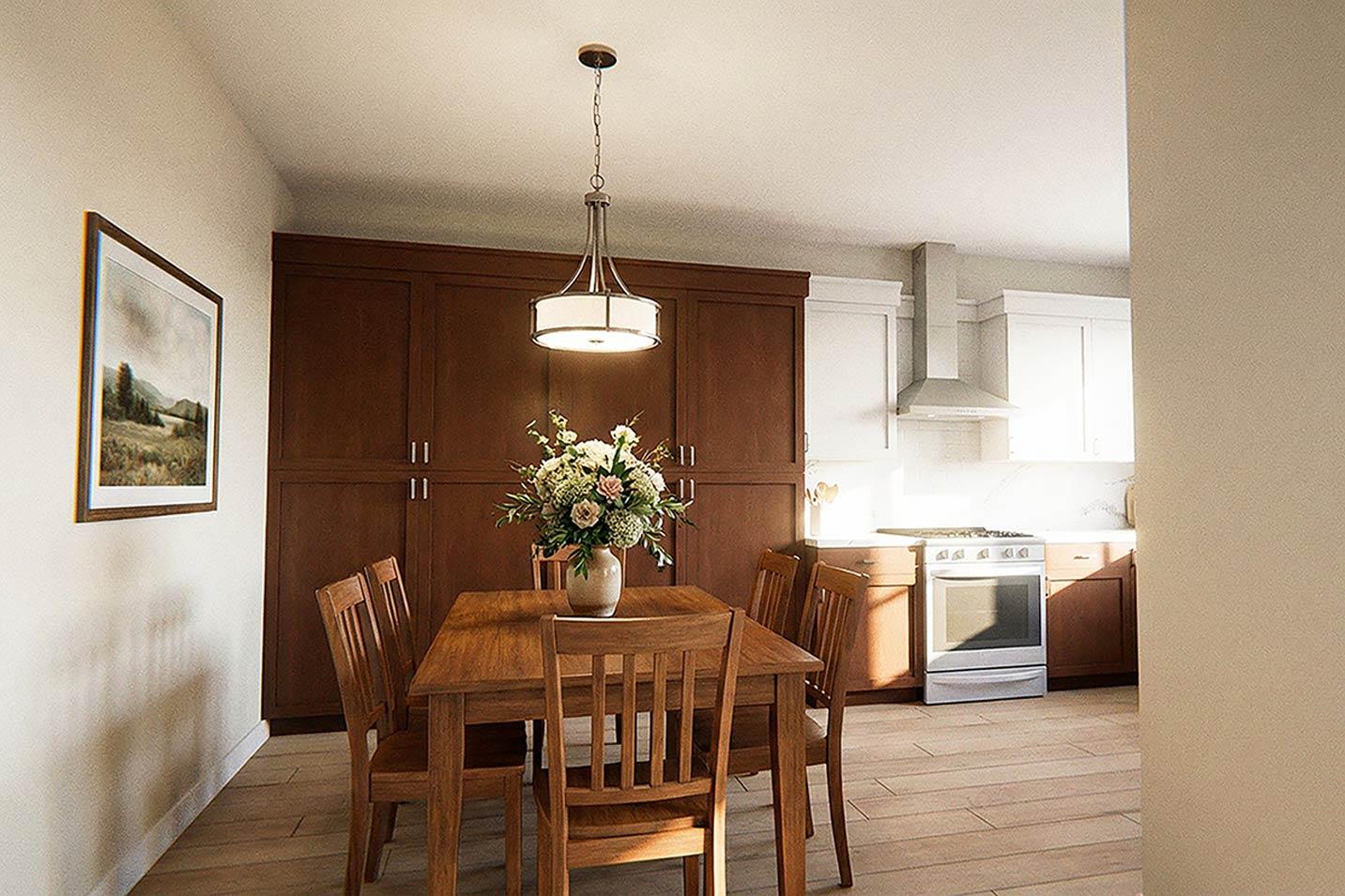 Dining area with wooden table and chairs adjacent to a kitchen with stainless steel appliances and dark wood cabinets.