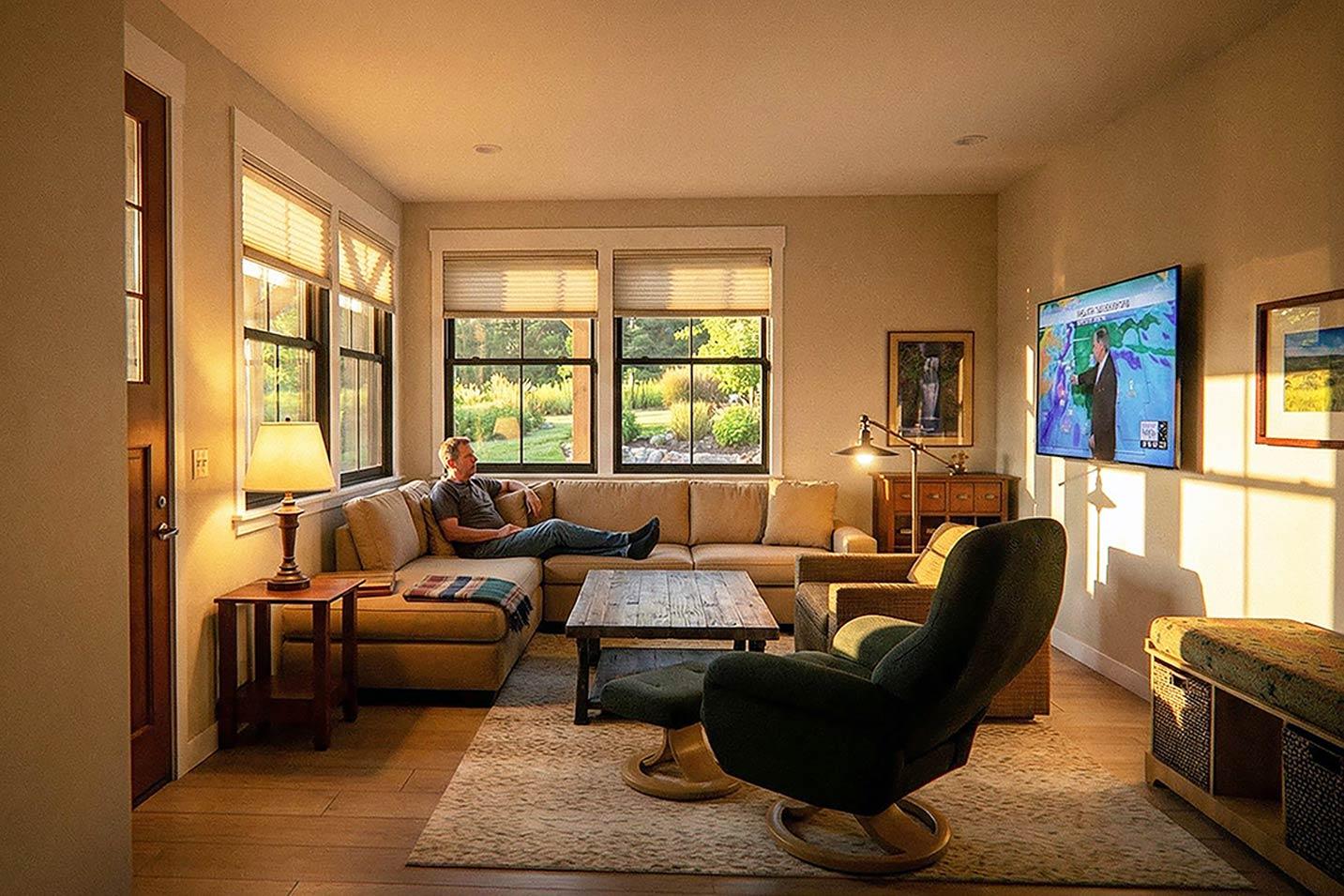 Great room interior with sectional sofa, coffee table, armchair, and television. Large windows show garden view.