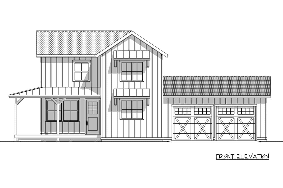 Front elevation drawing of a two-story house plan with board and batten siding, a covered porch, and a two-car garage.