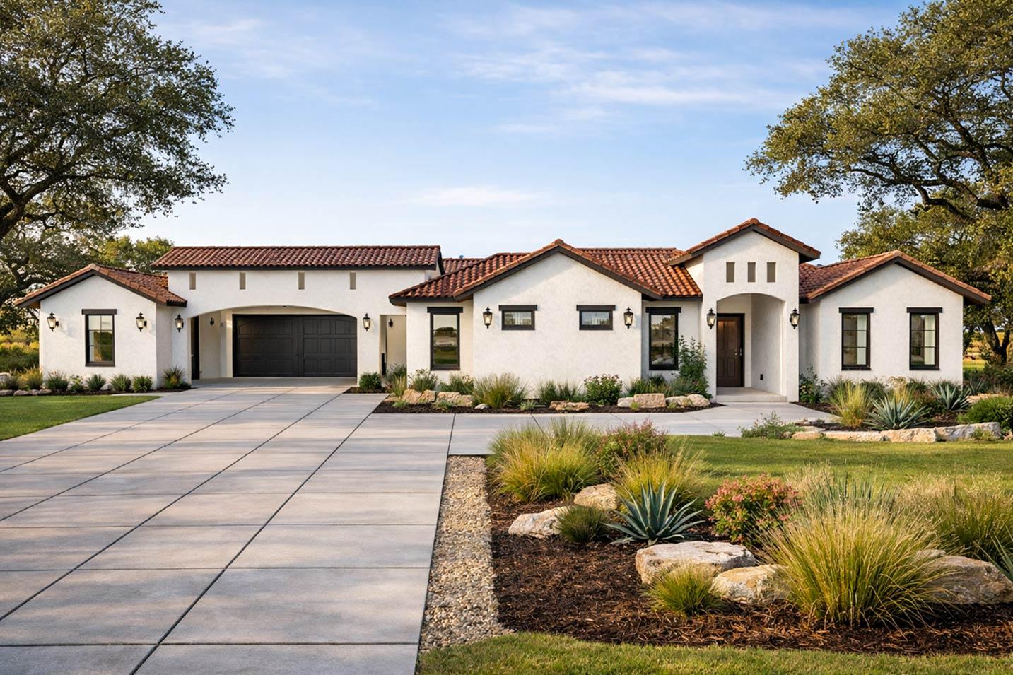 House plan exterior with stucco finish, tile roof, attached three-car garage, and arched entry.