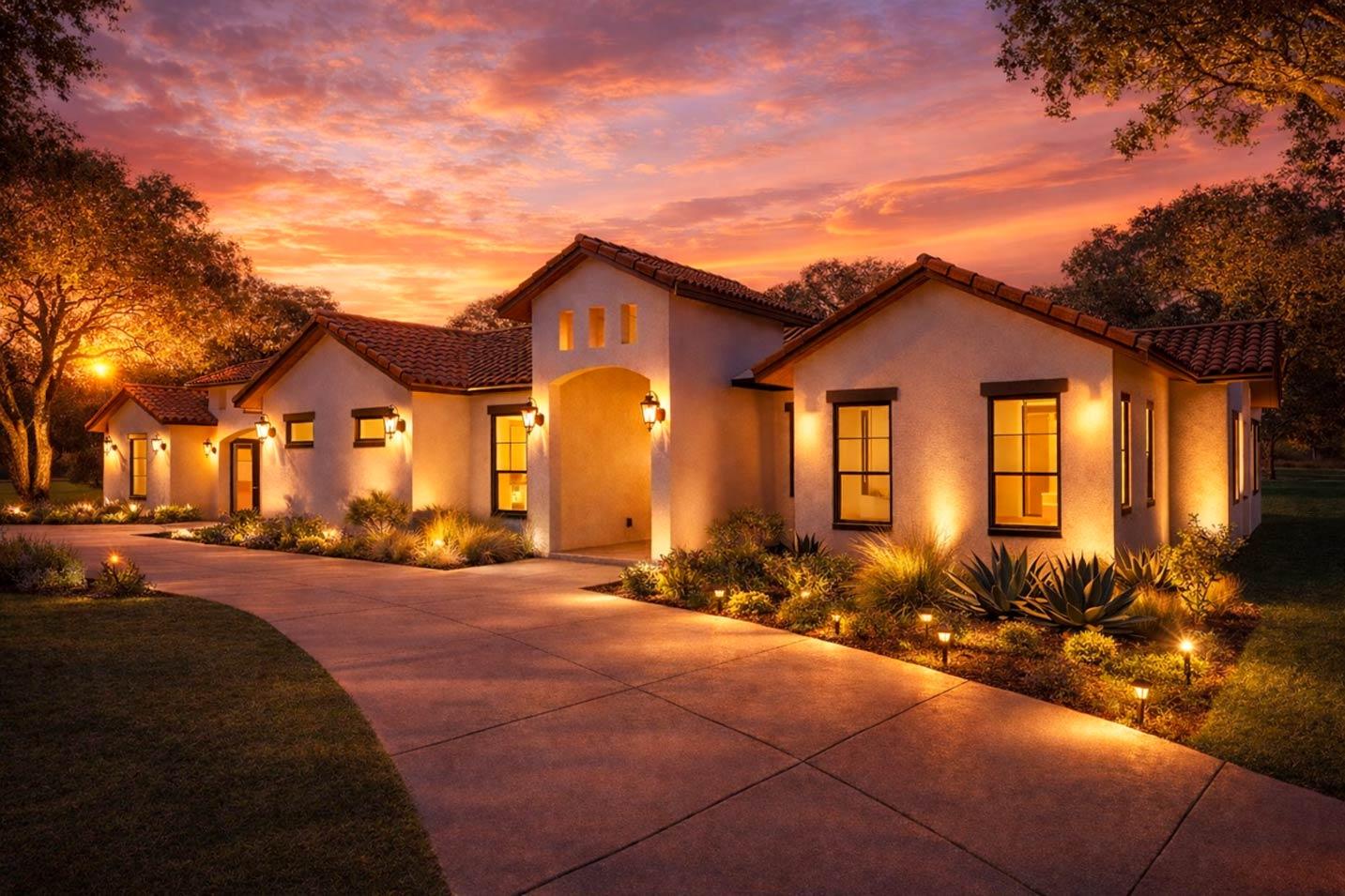 House plan exterior: Single-story stucco home with Spanish tile roof, arched entryway, and gabled wings.