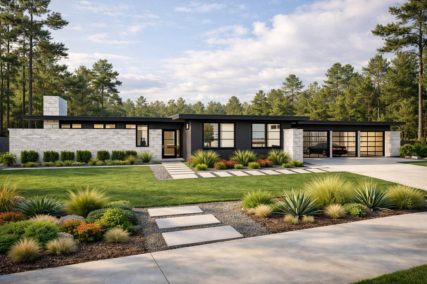 Modern single-story house plan exterior with stone facade, flat roof, clerestory windows, and glass garage doors.