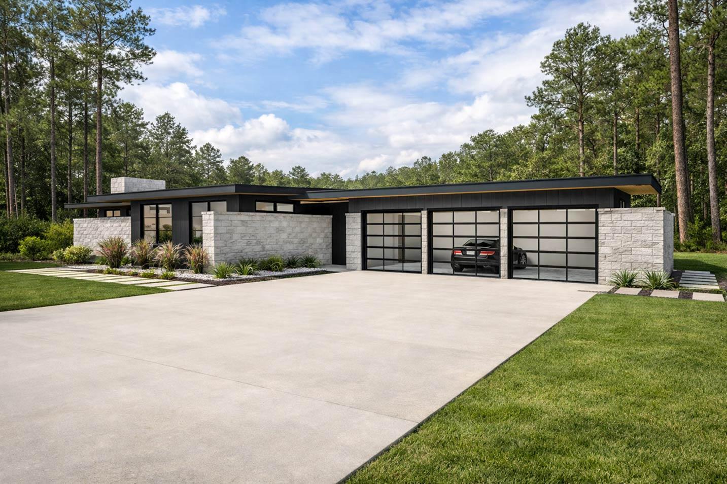 Modern house plan exterior with stone accents, flat roof, and a three-car garage with glass panel doors.