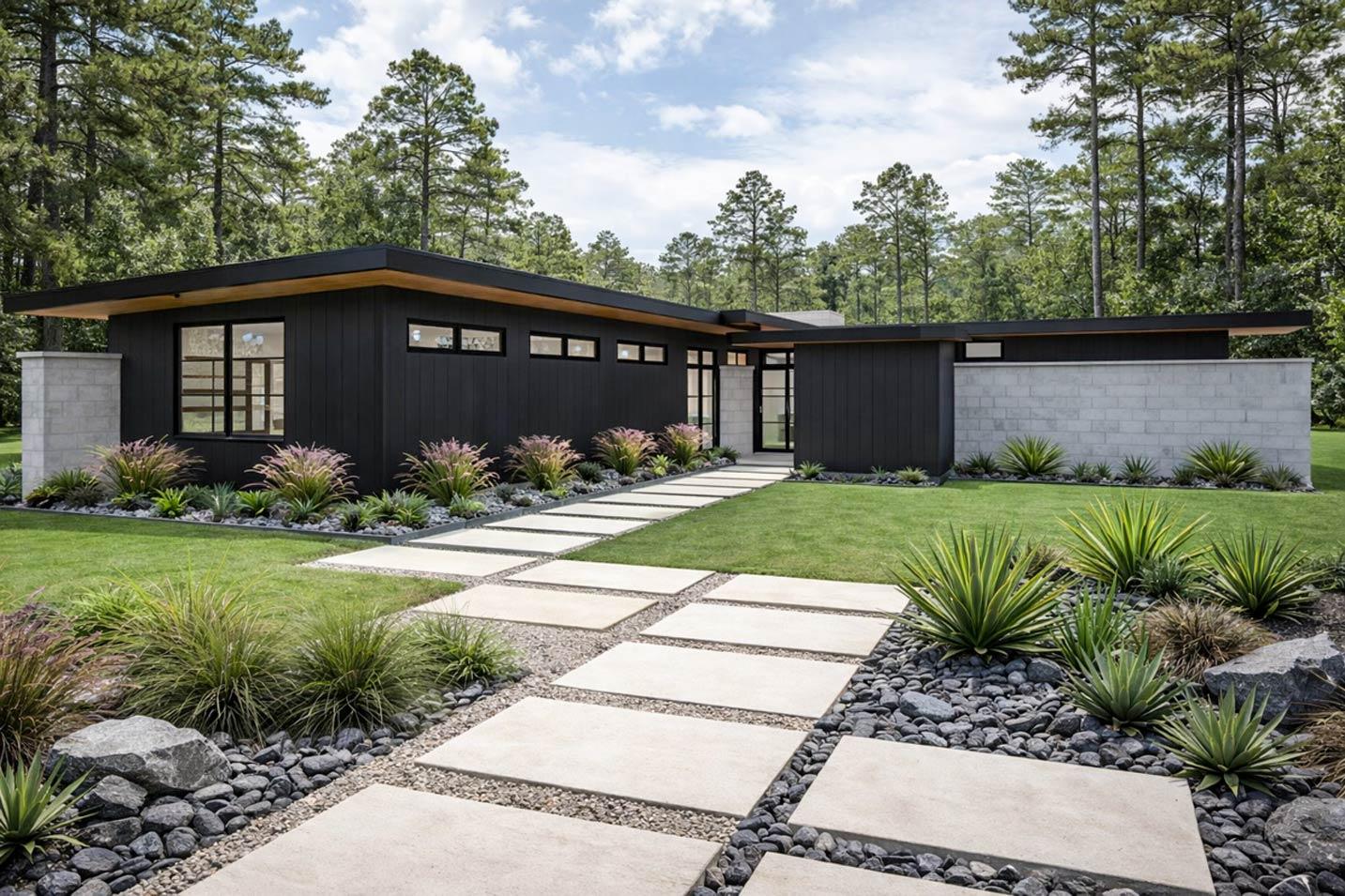 Modern single-story house plan with flat roof, dark vertical siding, clerestory windows, and concrete block accents.