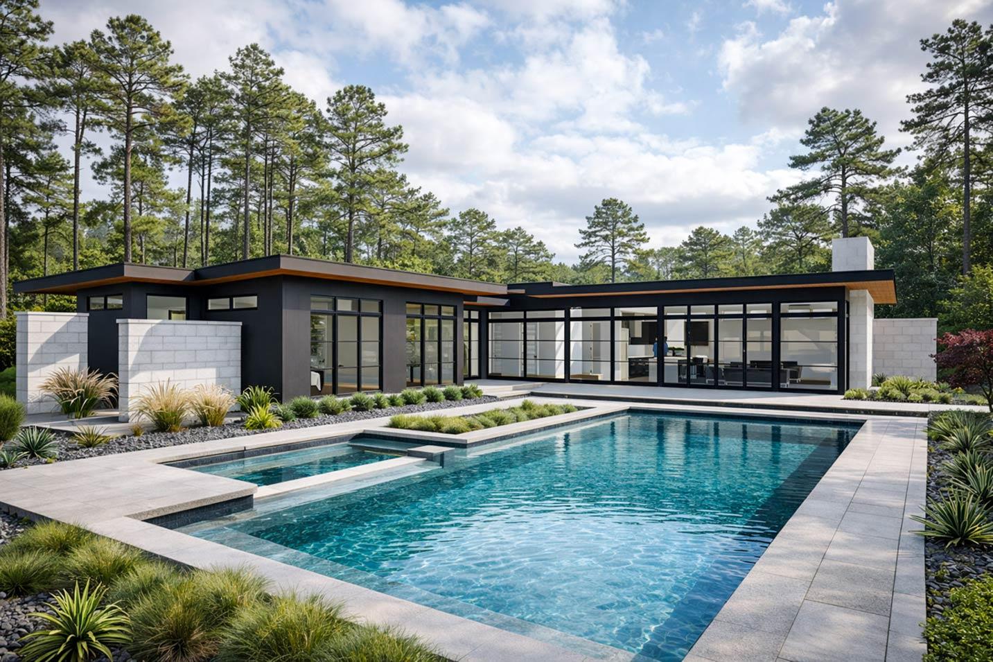 Modern house plan exterior with flat roof, extensive glass walls, and a multi-level swimming pool.
