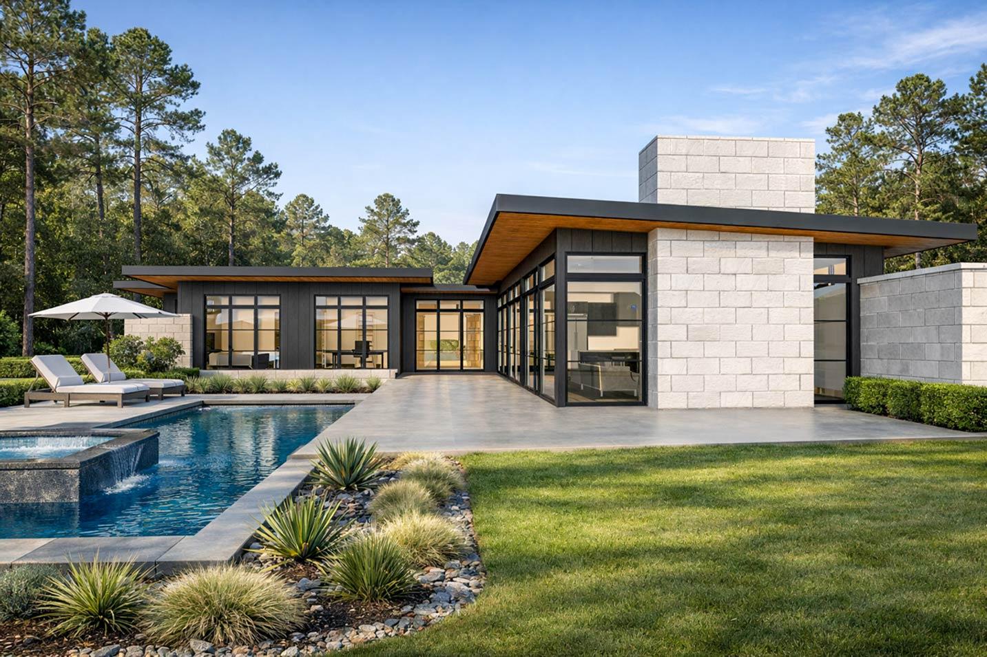 Modern house plan exterior with stone block facade, dark siding, flat roof, and expansive glass windows.