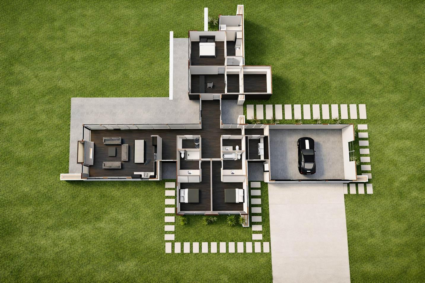 Plan 150016HRP: Contemporary 3-Bedroom House Plan with 2512 Sq Ft and Wrap-Around Porch - Image #9 - Contemporary, Mid Century Modern