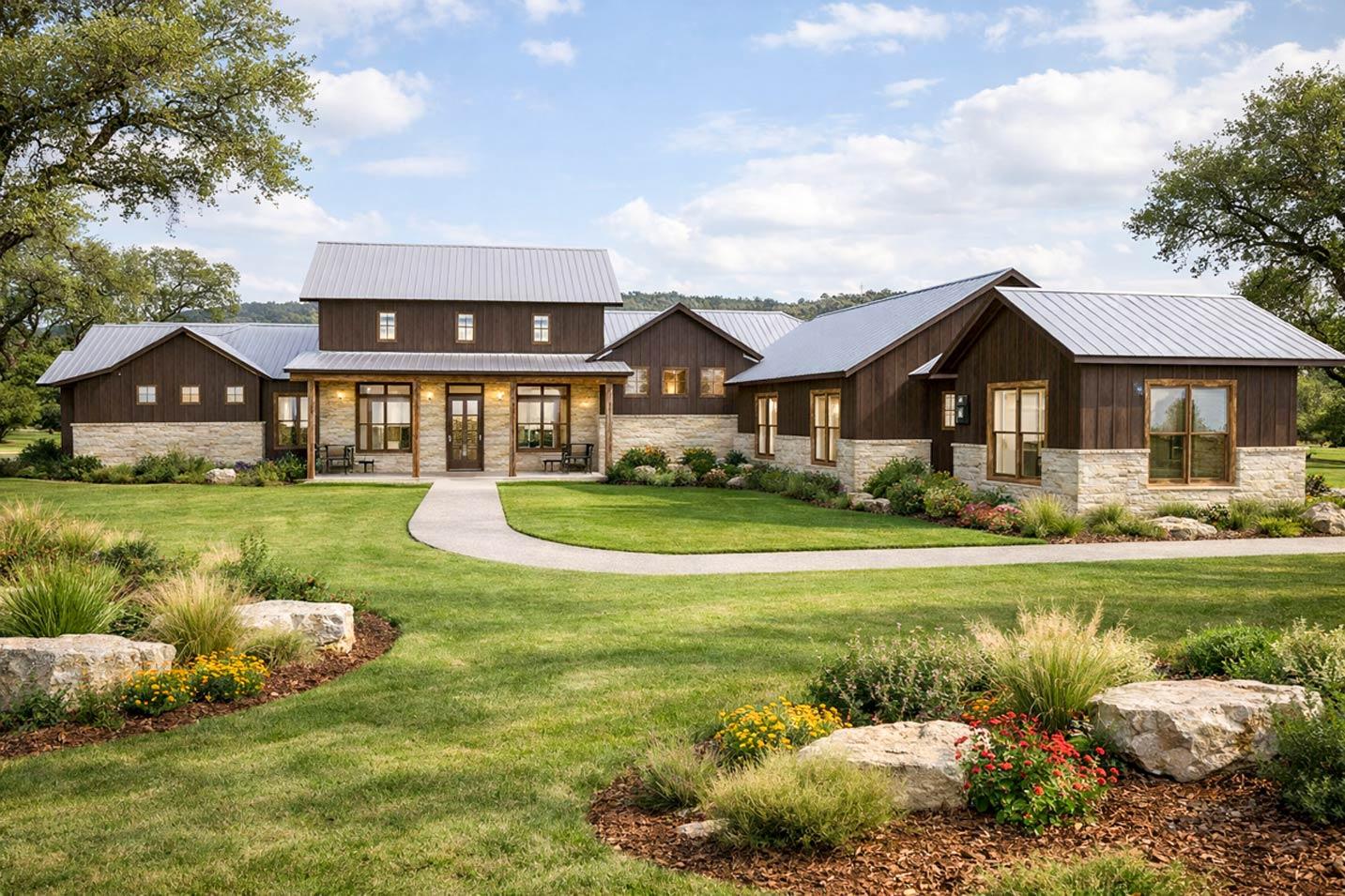 Modern Farmhouse house plan exterior with stone base, wood siding, metal roof, and covered porch.