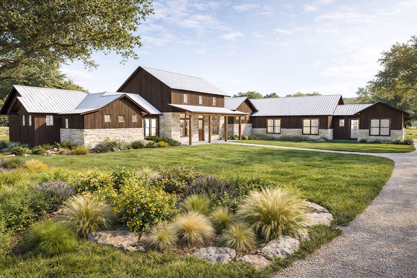 Modern Farmhouse house plan exterior with stone and wood siding, a covered porch, and metal rooflines.
