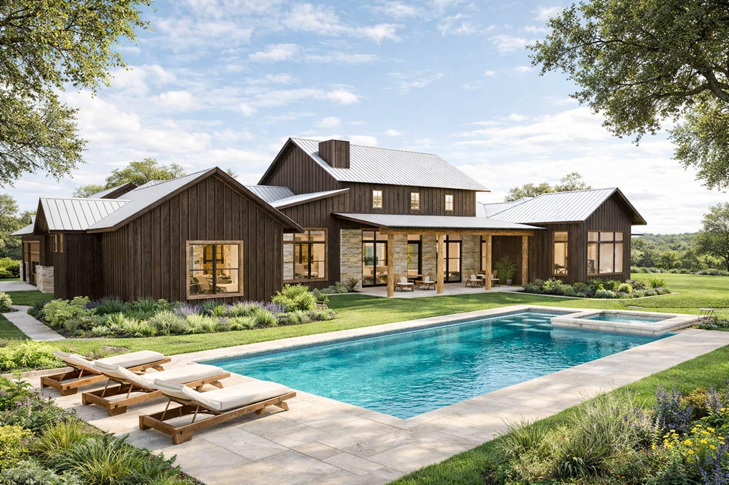 Modern Farmhouse house plan exterior with dark wood siding, stone accents, gabled rooflines, and covered patio.