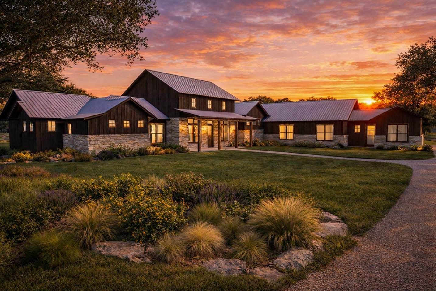 House plan exterior: Modern ranch style with dark wood siding, stone wainscoting, metal roof, and covered entry.