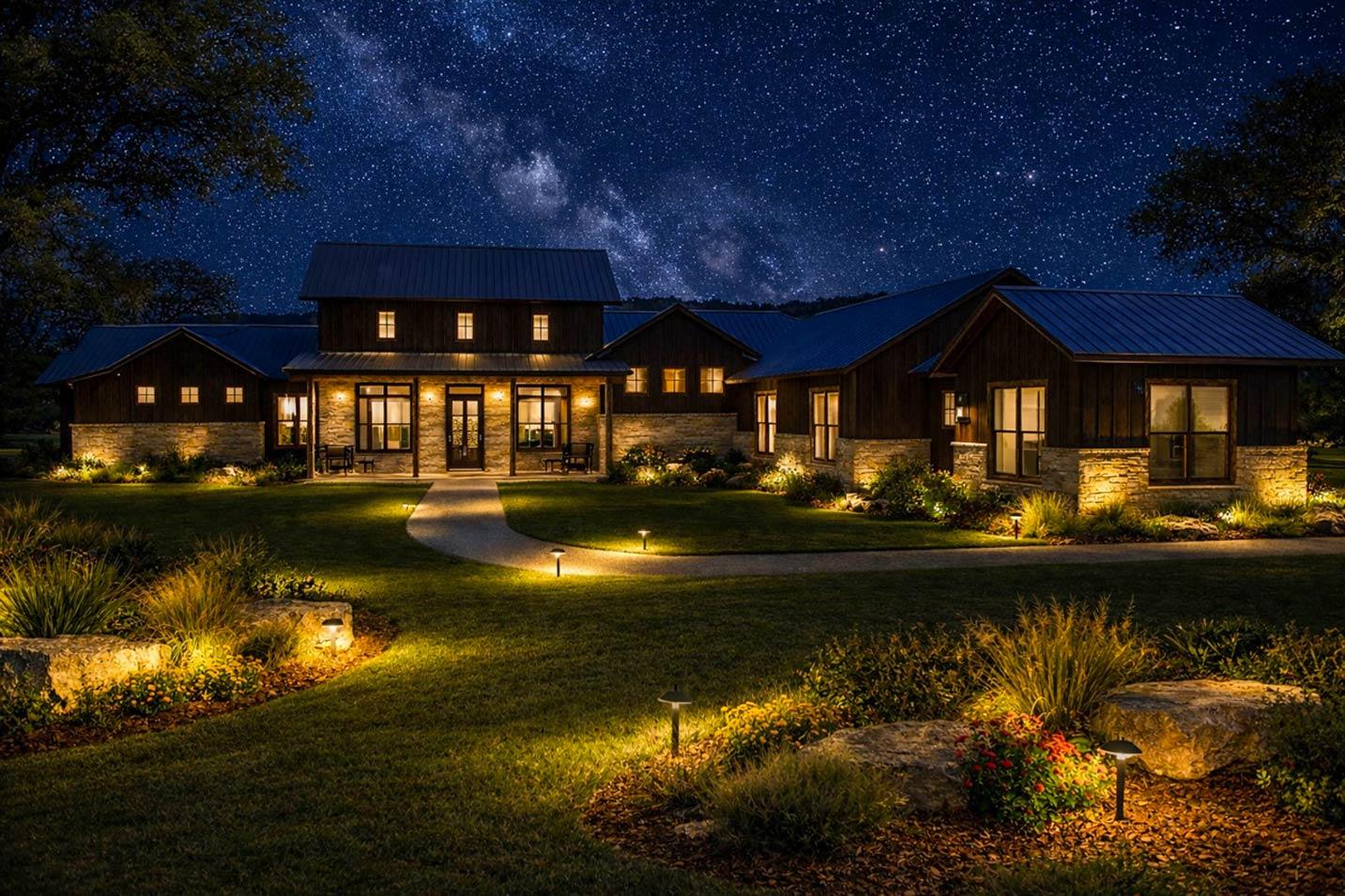House plan exterior: two-story Modern Farmhouse with stone and wood siding, metal roof, and covered front porch.
