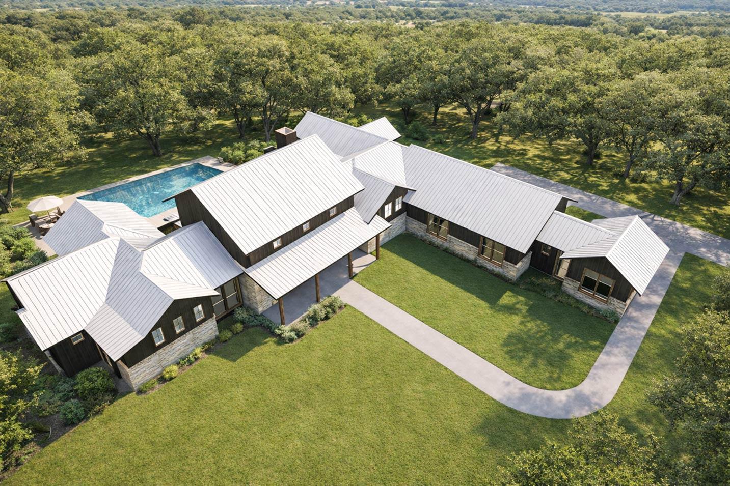 House plan exterior: Modern farmhouse style, low profile with multiple gables, standing seam metal roof, stone and dark wood facade.