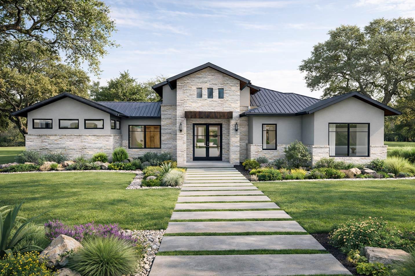 House plan exterior: Single-story Modern Farmhouse with metal roof, stone accents, and wide entryway.