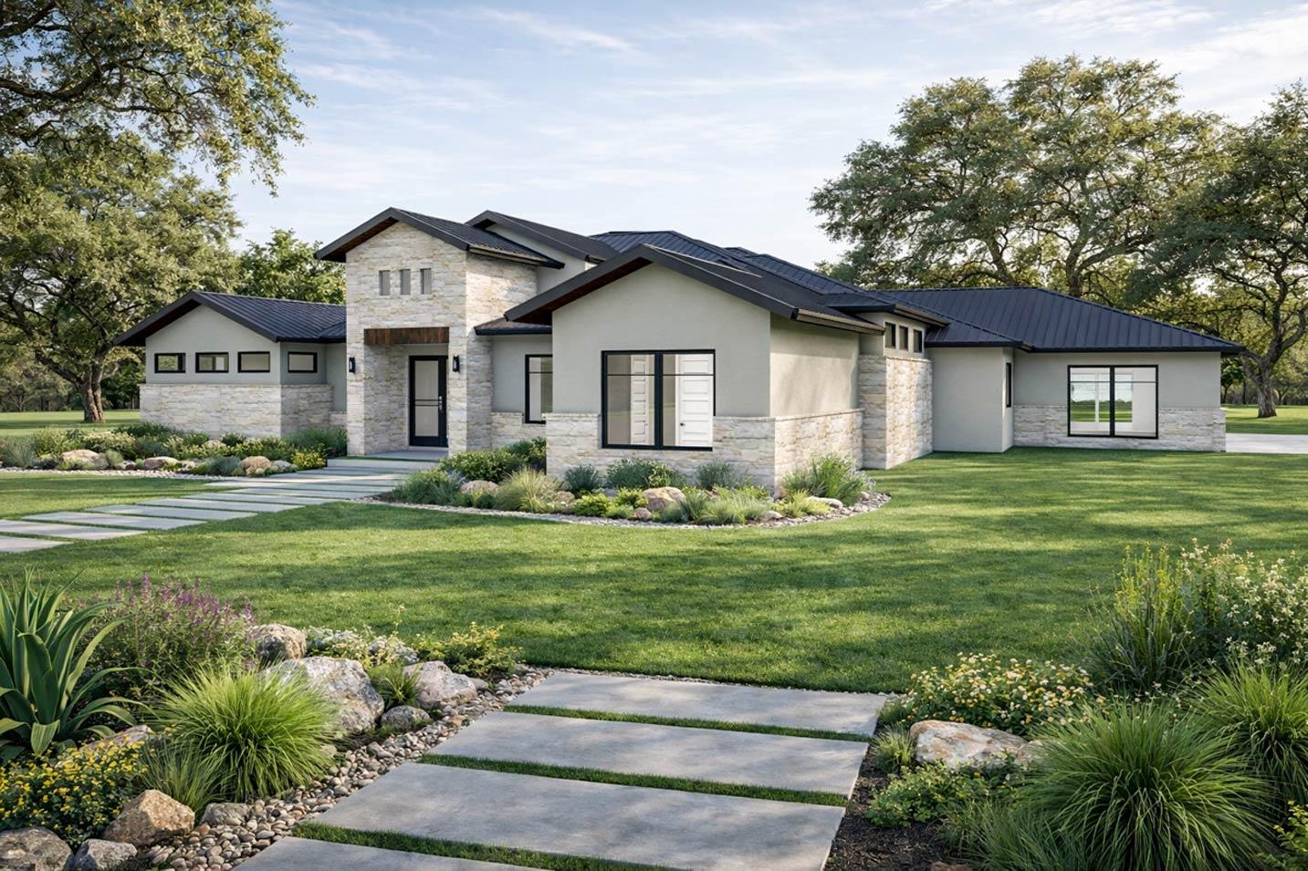 House plan exterior: Modern home with stone and stucco facade, metal roof, multiple gables, and a prominent front entrance with wood accents.