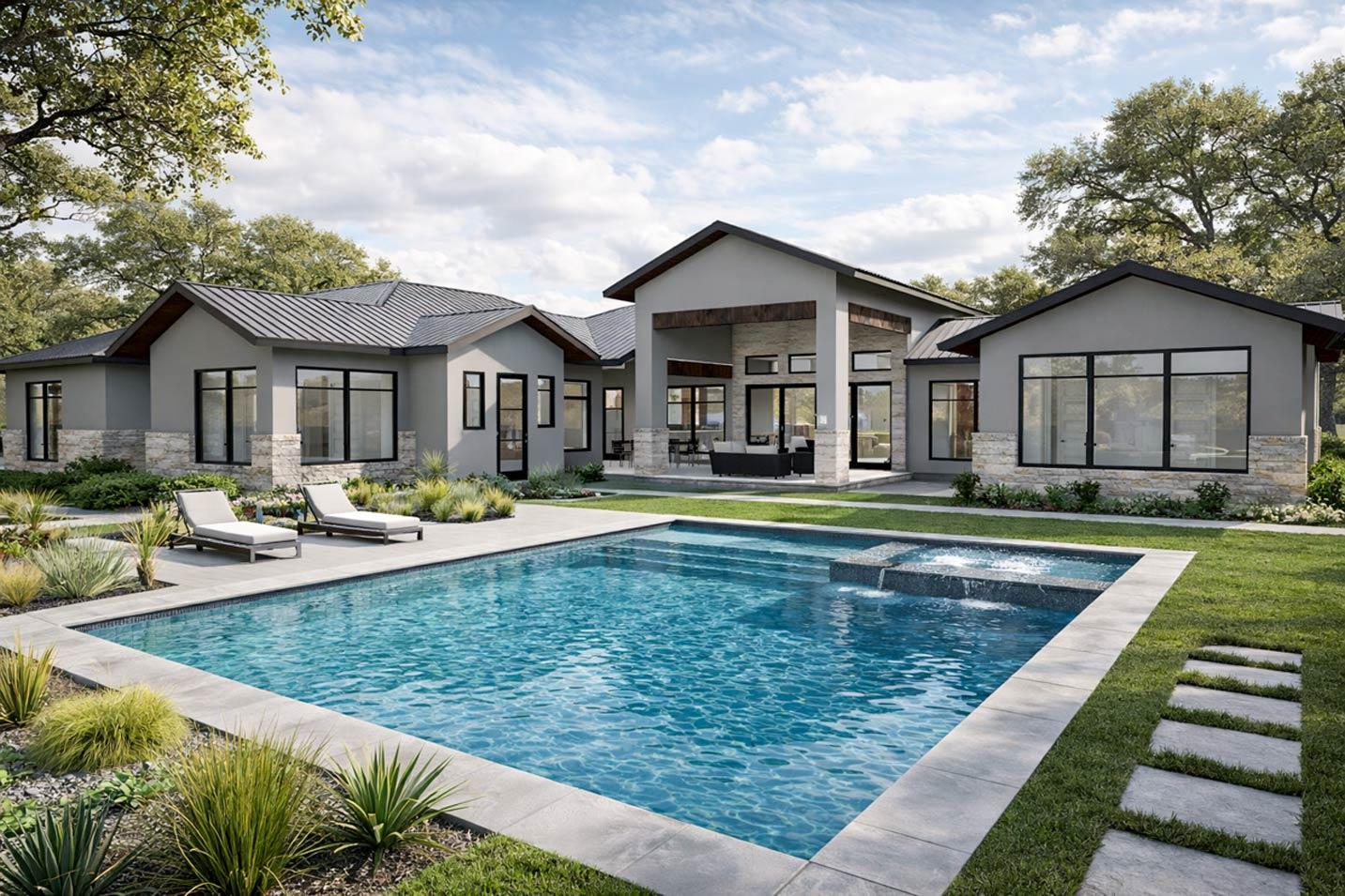 Modern single-story house plan exterior with metal roof, stone accents, large windows, covered patio, and swimming pool.