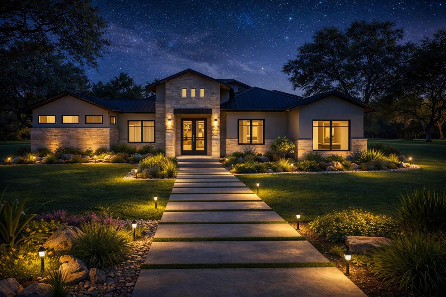 Modern ranch house plan exterior at night, featuring stone accents, a dark metal roof, and a lighted walkway.