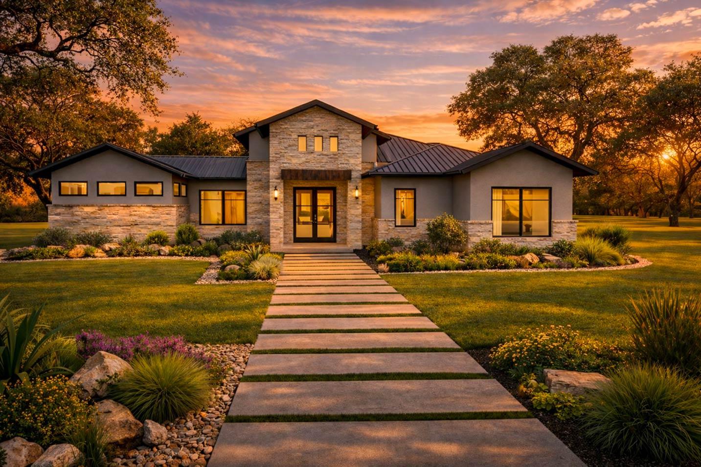 Modern ranch house plan exterior with stone accents, metal roof, prominent entry, and multiple gables.