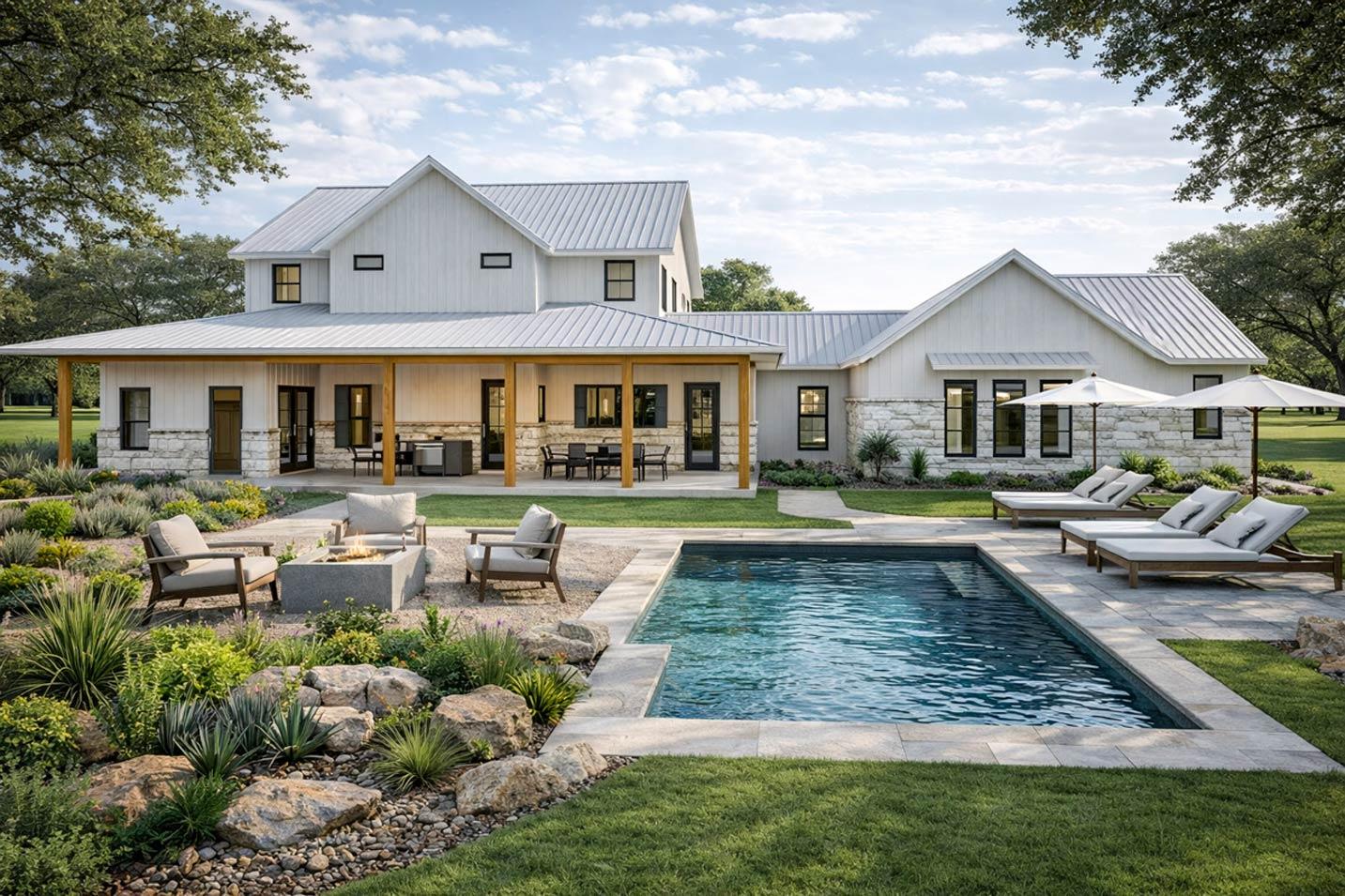 Modern Farmhouse exterior with metal roof, board and batten siding, stone accents, and covered porch.