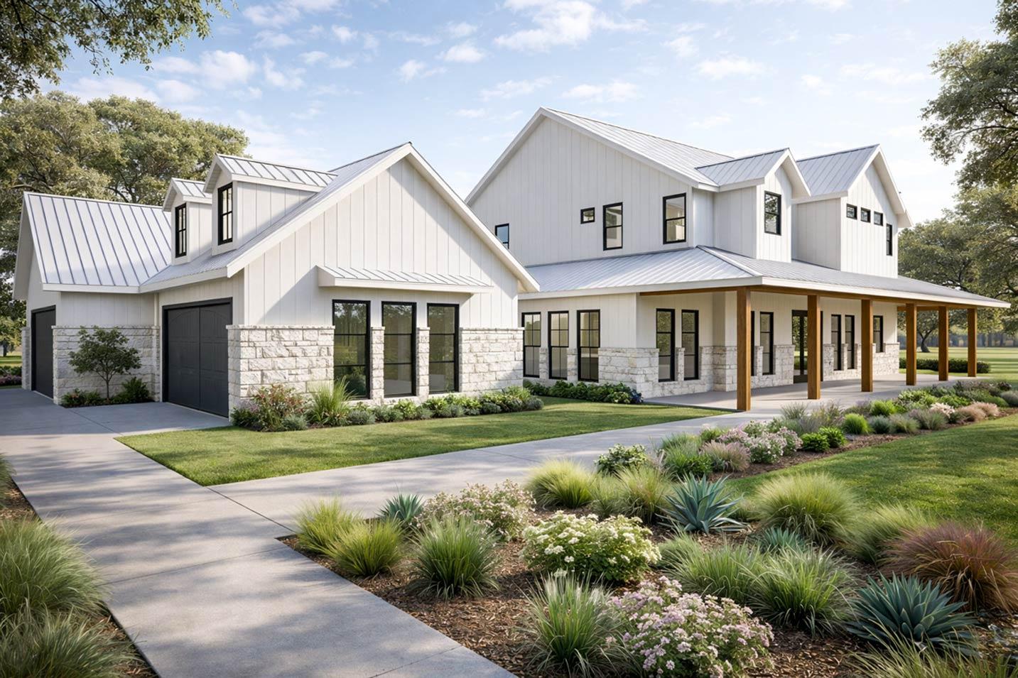 Modern Farmhouse house plan exterior with metal roof, board and batten siding, stone accents, and covered porch.