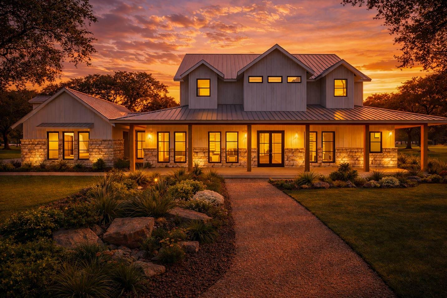 House plan exterior: Two-story Modern Farmhouse with metal roof, stone base, and wraparound porch.