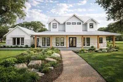 New American Farmhouse House Plan with 6 Bedrooms and Two Story Living Room