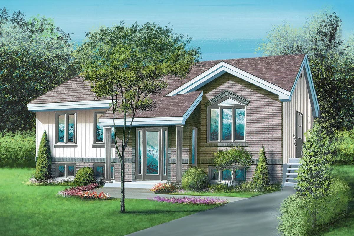 House plan exterior featuring a two-story design with brick and vertical siding, a covered front entrance, and prominent gables.