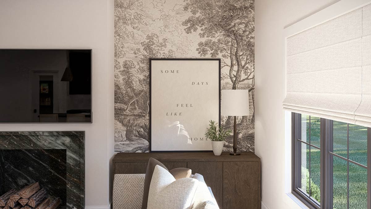 Living room with marble fireplace, mounted TV, framed art, and a window with Roman shades.