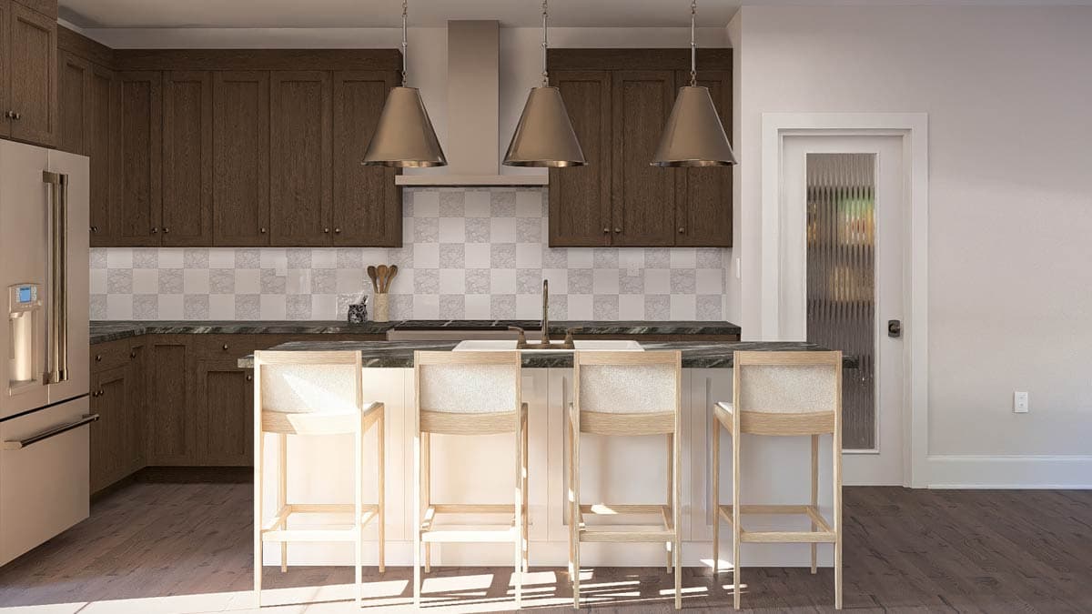 Kitchen interior with dark wood cabinets, a central island with pendant lights, and a checkered backsplash.