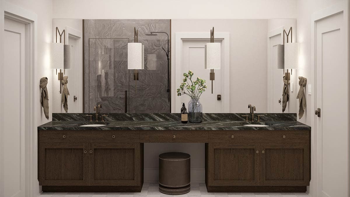 Bathroom interior rendering with double vanity, dark wood cabinetry, granite countertops, dual sinks, and a walk-in shower with stone tile.