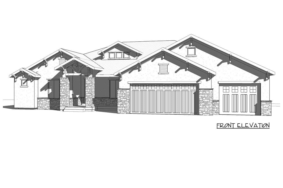 Front elevation of a one-story house plan with stone accents, covered entry, dormers, and a three-car garage.