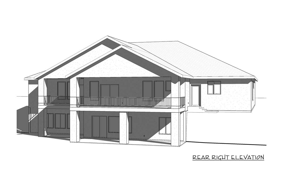 Rear right elevation of a two-story house plan with a prominent gable roof and a full-width balcony.