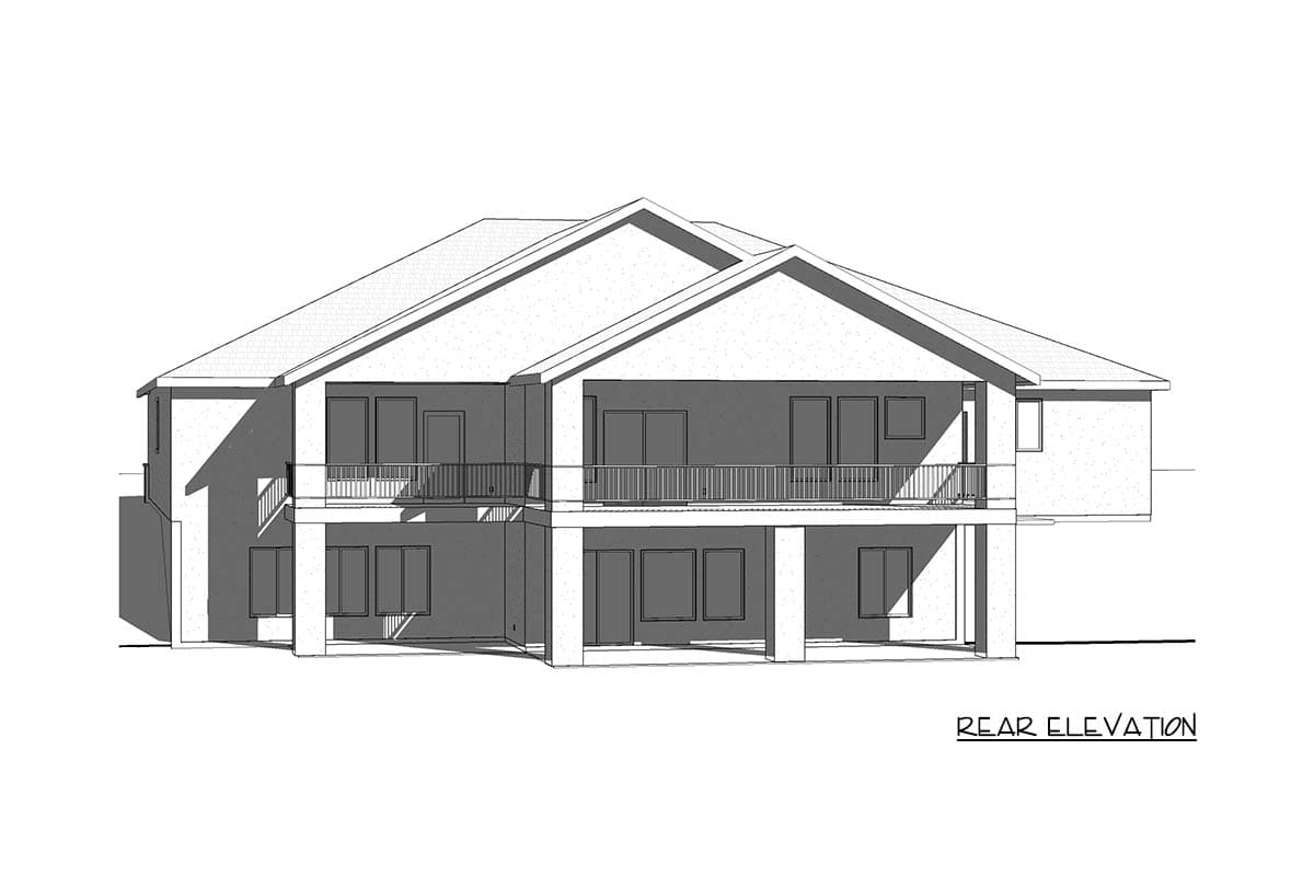 Rear elevation of a house plan featuring a covered deck above a walk-out basement and multiple windows.