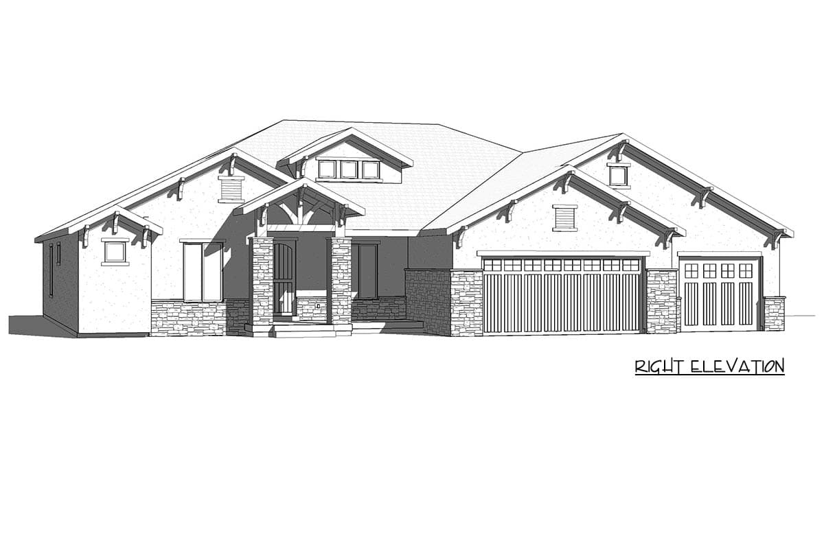 Right elevation house plan of a single-story home with a prominent gable roof, stone accents, covered entry porch, and a two-car garage.