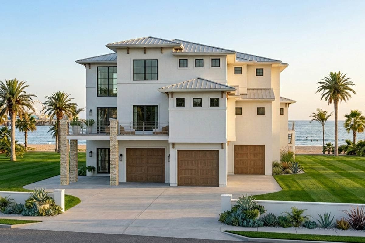House plan exterior: Modern style, three stories, white stucco, metal roof, three-car garage, balconies overlooking the ocean.