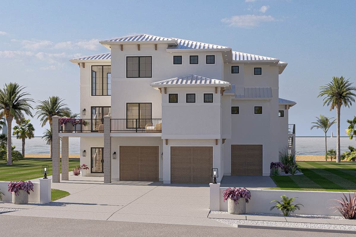 Three-story Modern style house plan exterior with a metal roof, multiple balconies, and a three-car garage.