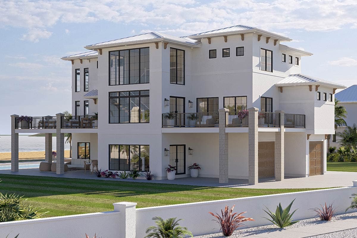 Exterior house plan rendering: A three-story Modern style home with multiple balconies, large windows, and a stucco finish.