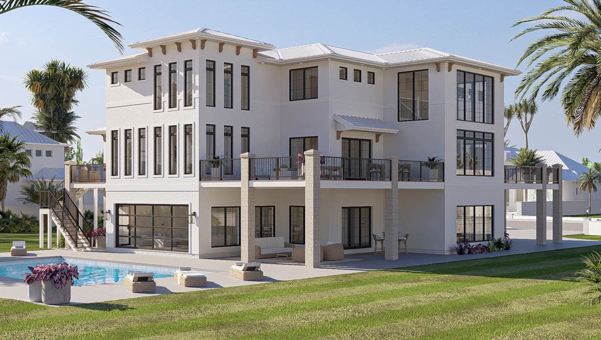 Modern house plan exterior, 3 stories, with metal roof, balconies, and large windows.