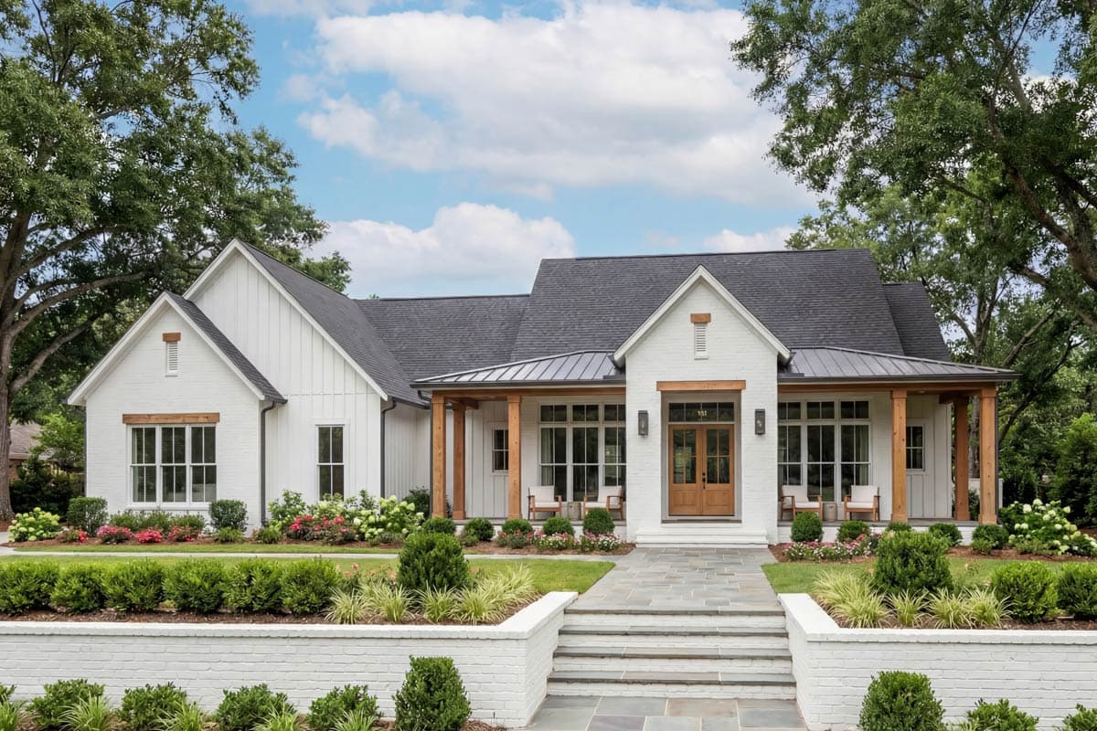 House plan exterior: Modern Farmhouse style, one-story. Features include a front porch with timber columns, gabled roof, and board-and-batten siding.