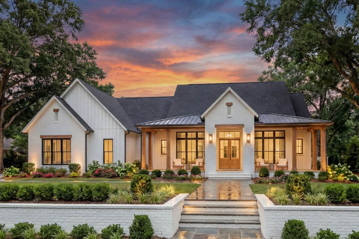 House plan exterior featuring a two-story Modern Farmhouse design. Includes a covered front porch, gable rooflines, and board and batten siding.