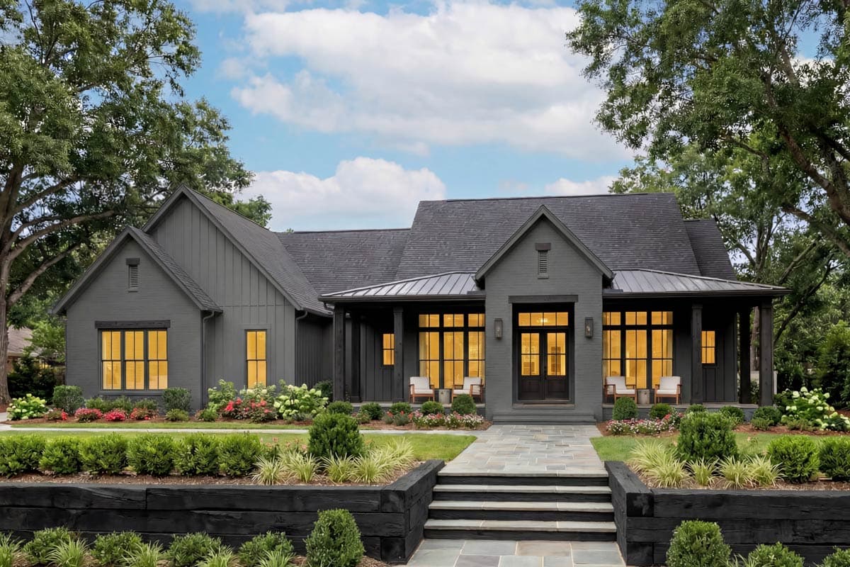 House plan exterior. Modern Farmhouse style with a single story, a covered porch with columns, and multiple gables.
