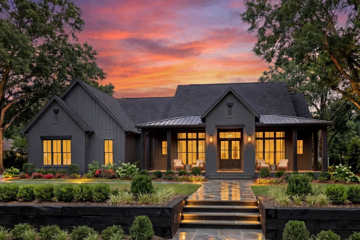 House plan exterior. Modern Farmhouse style with a single story, front porch, gables, and dark siding. Stone path leads to the front door.