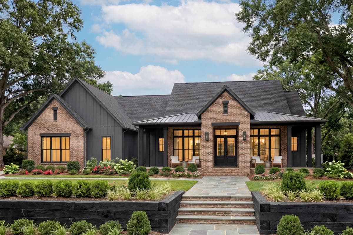 House plan exterior. Modern farmhouse style with brick and board-and-batten siding. Features include a front porch, gables, and a dark roofline.