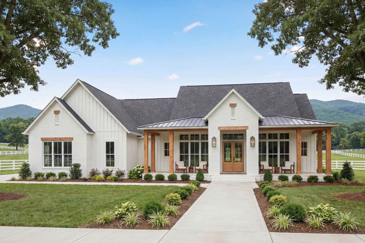 House plan exterior. Modern Farmhouse style with a single story, front porch with wood columns, gables, and dark roof.