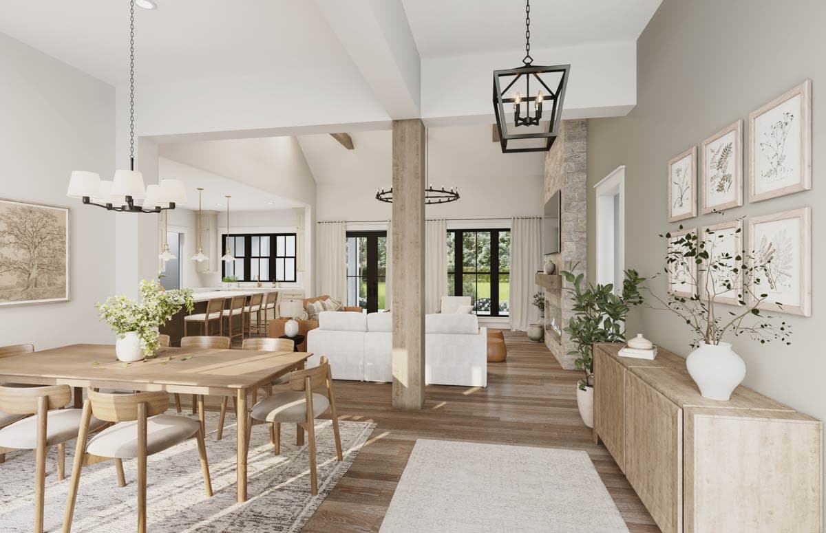 House plan rendering showing open concept living and dining area. Features include a fireplace, large windows, wood flooring, and pendant lighting.