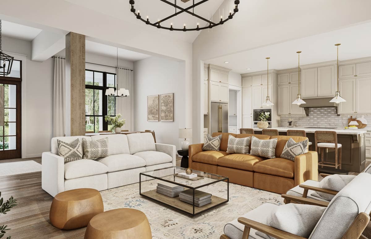 Great room interior rendering with open layout, vaulted ceiling, and view of a kitchen with an island.