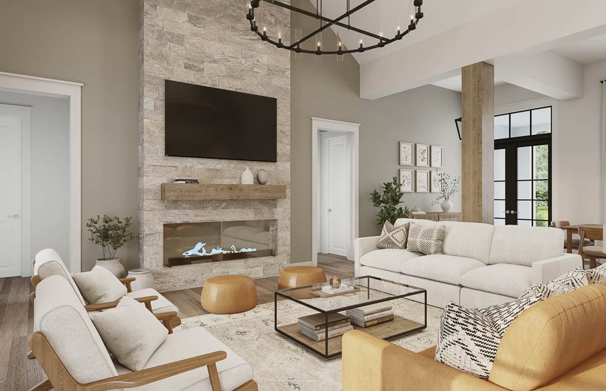 Great room rendering with fireplace, vaulted ceiling, and large windows. Includes seating area with modern furniture and accent lighting.