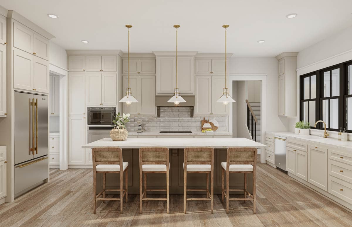 Kitchen rendering with island seating, pendant lights, and built-in cabinetry. Features include a range hood, and a doorway to a staircase.
