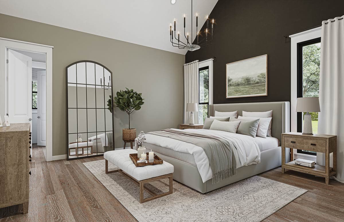 Bedroom interior rendering with large bed, chandelier, and full-length arched mirror. Includes wood flooring, windows, and bench seating.