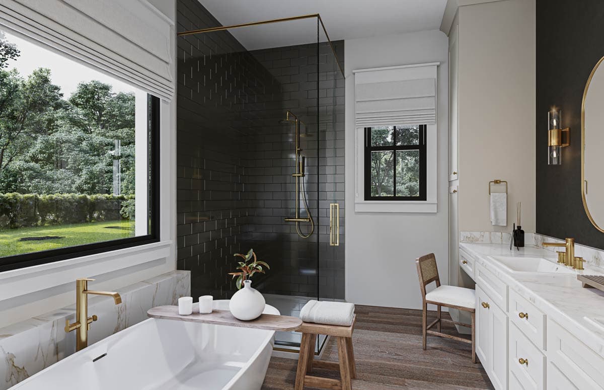 Bathroom rendering with a large window, glass shower enclosure, and freestanding tub. Features include a marble vanity and gold fixtures.